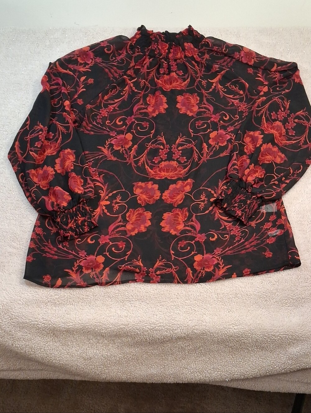 Black Blouse with Red Floral Print and Ruffled Neck